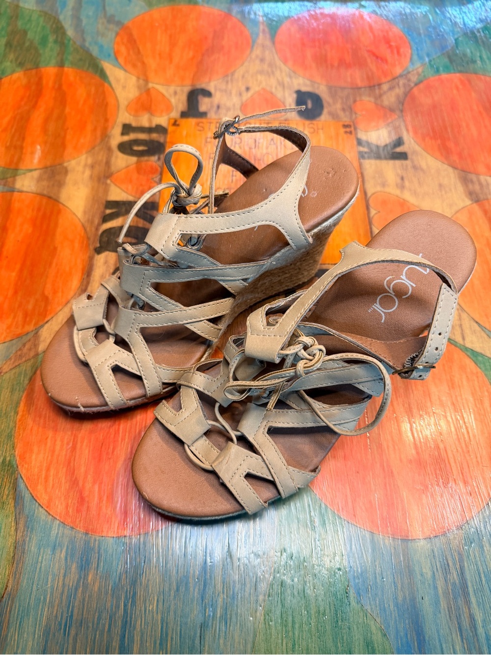 Sugar Honeydew Braided Platform Wedge SANDALS  SIZE. 7.5 Beige 4” Heels Strappy